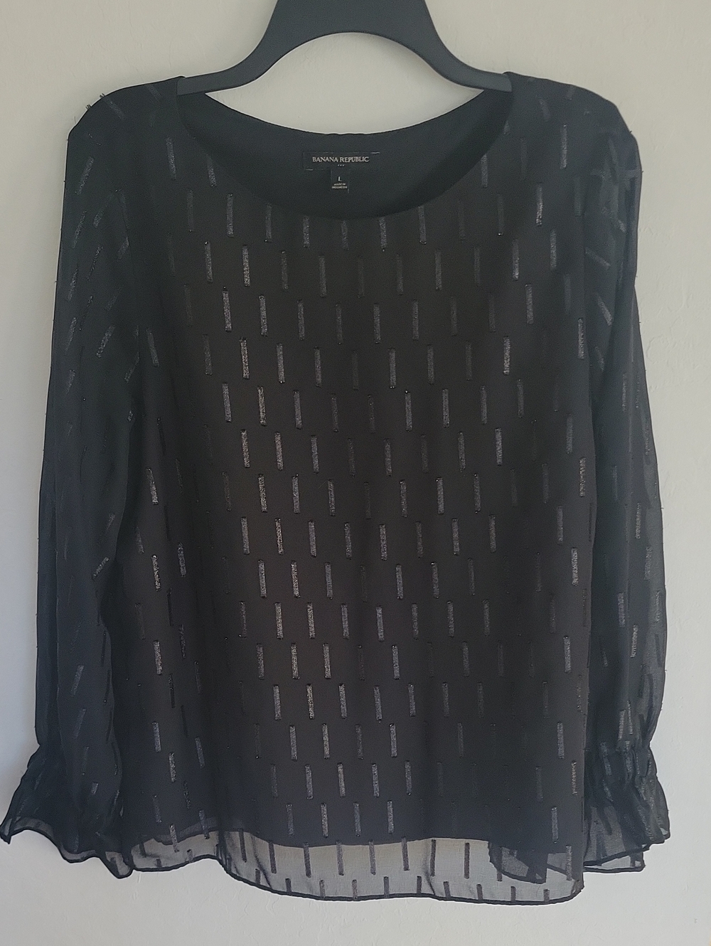 Banana Republic Black Sheer Long Sleeve Blouse with Subtle Stripe Texture